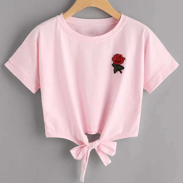 Harajuku Rose Embroid Summer Casual T Shirt