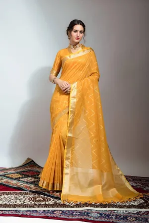 Honey Yellow Chevron Linen Silk  Saree