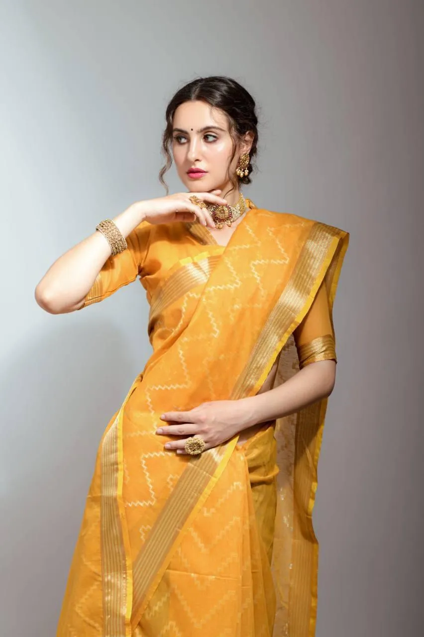 Honey Yellow Chevron Linen Silk  Saree