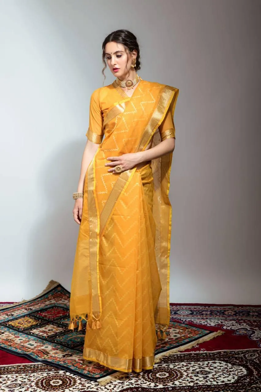 Honey Yellow Chevron Linen Silk  Saree