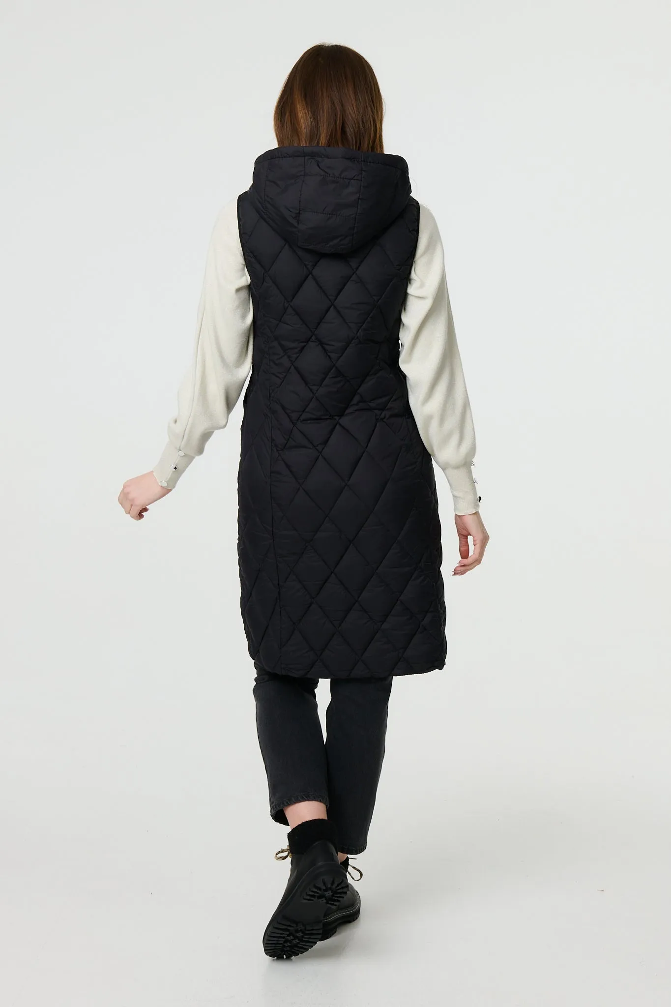 Hooded Sleeveless Longline Puffer Gilet