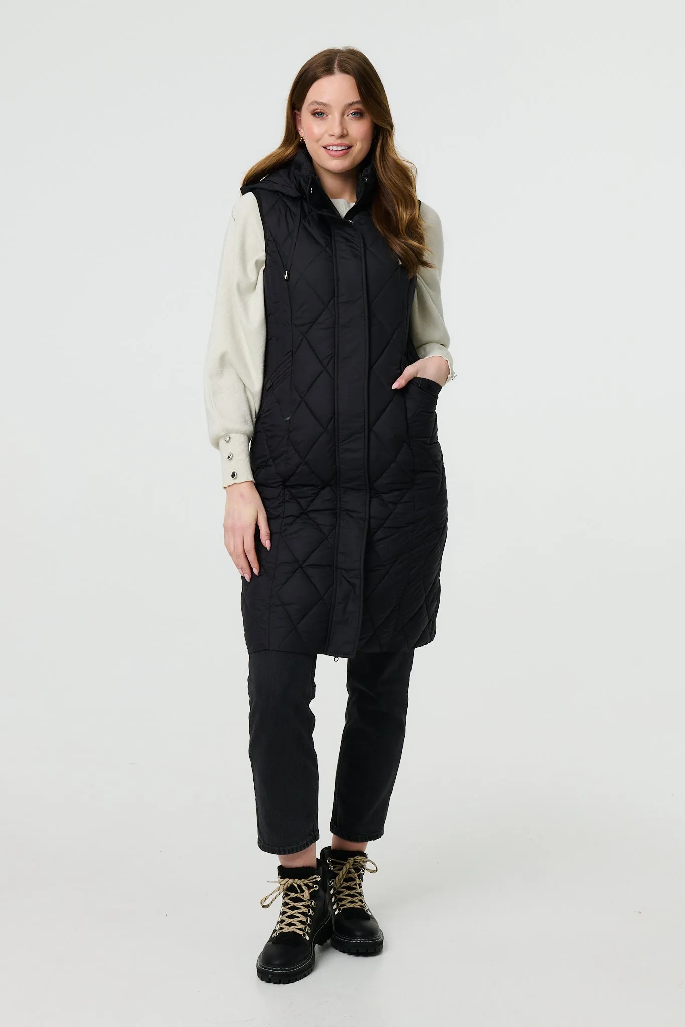 Hooded Sleeveless Longline Puffer Gilet