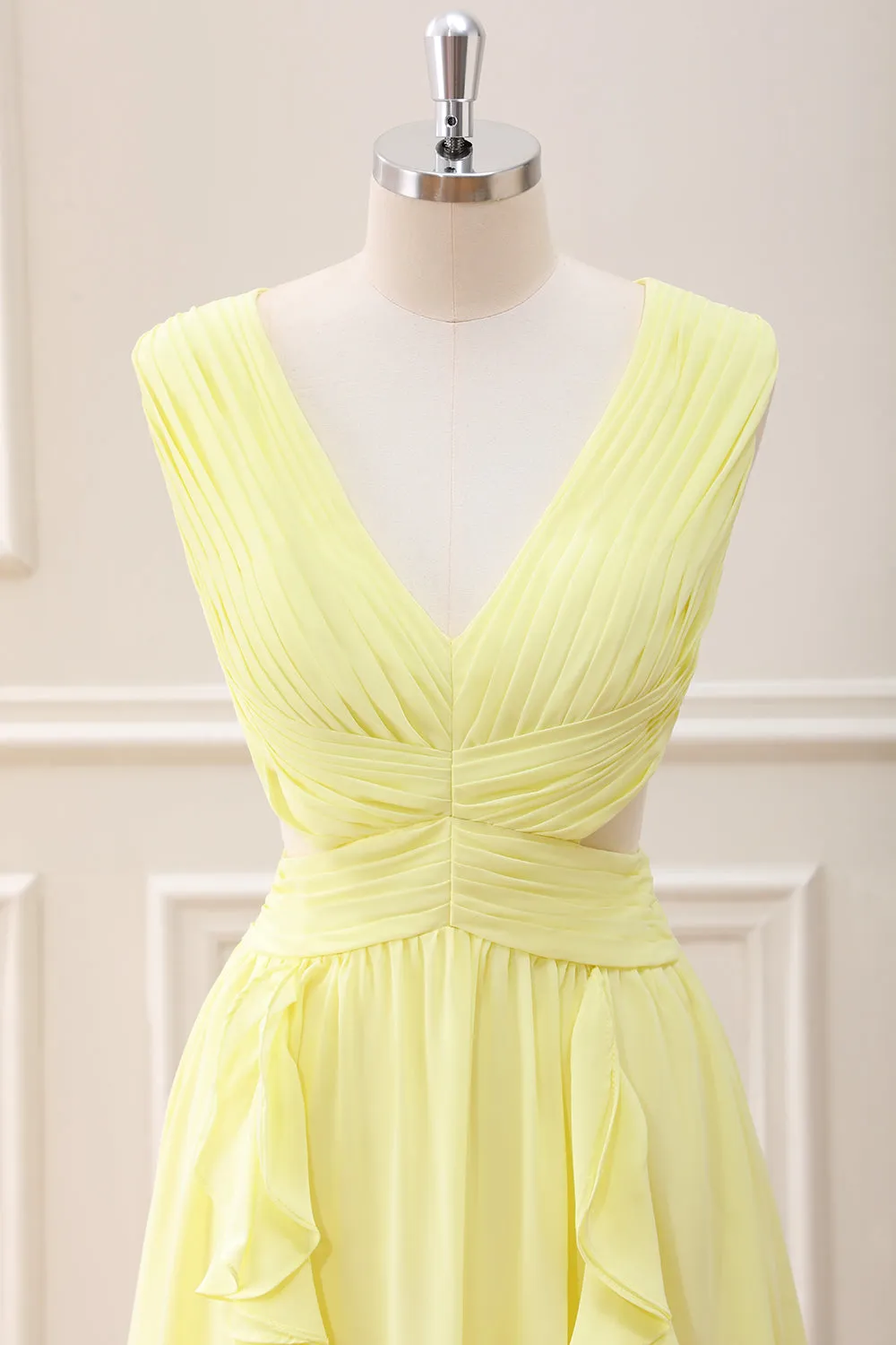 Lemon Yellow V Neck Cut Out Chiffon Maxi Dress with Ruffles