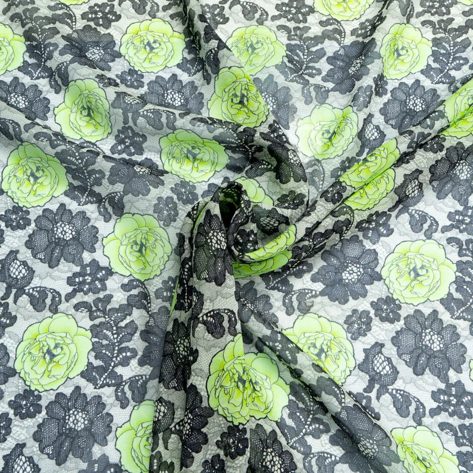 Lime Green Floral Black Lace Printed Silk Georgette