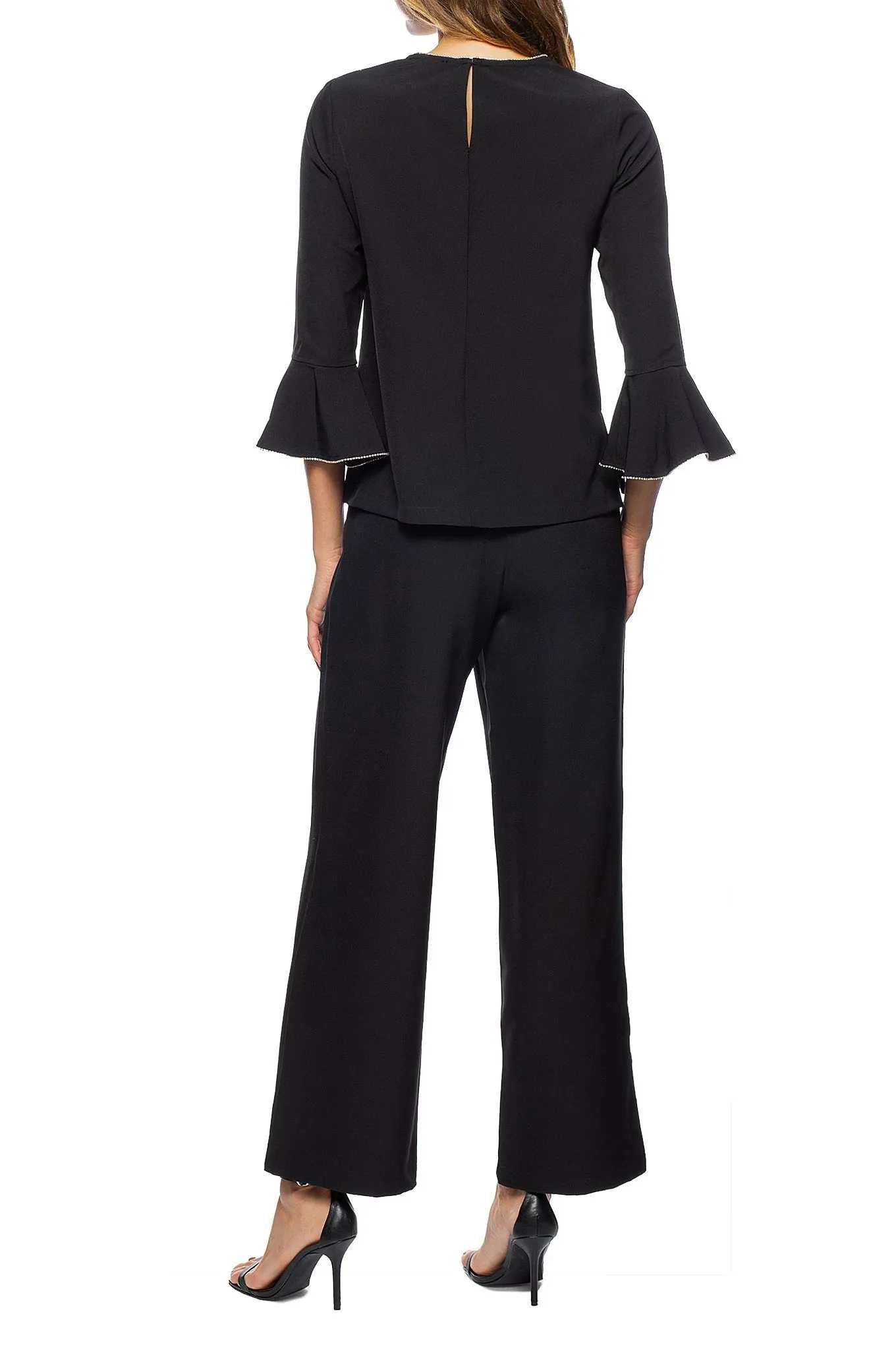 Marina Embellished Boat Neck Circular Sleeve Keyhole Back Stretch Crepe Top with Elastic Mid Waist Pant (2 Piece Set)