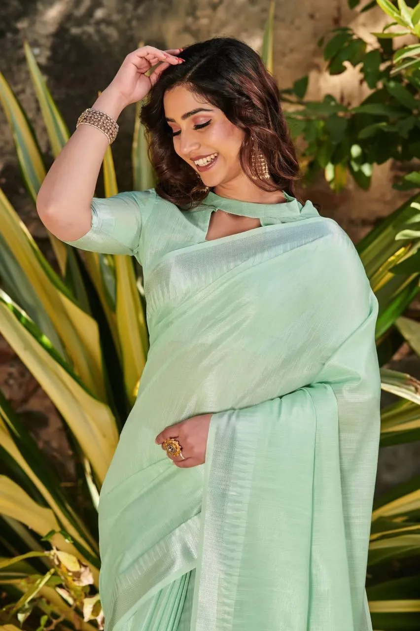 Mint Green Linen Tissue Silk  Saree