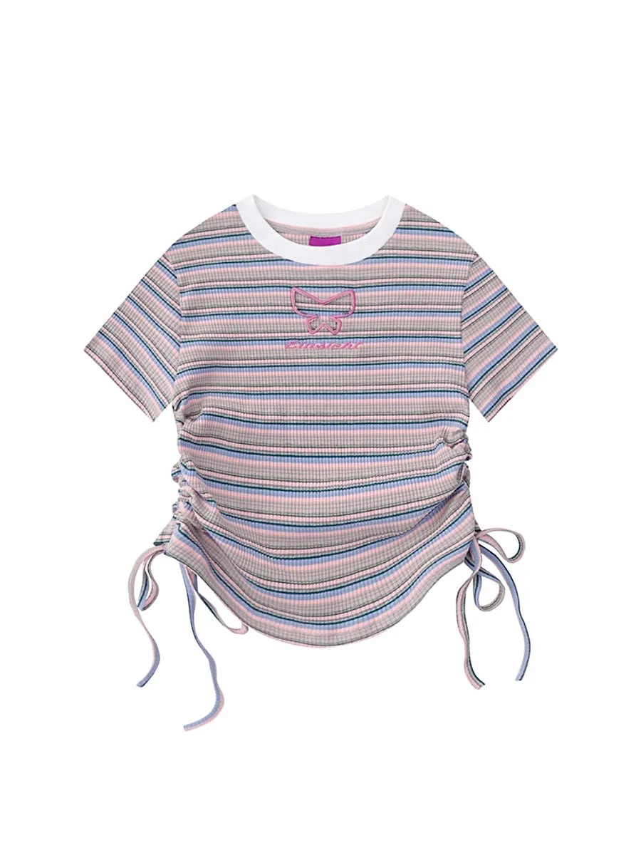 New Hollow Butterfly Striped Short Sleeve Tops