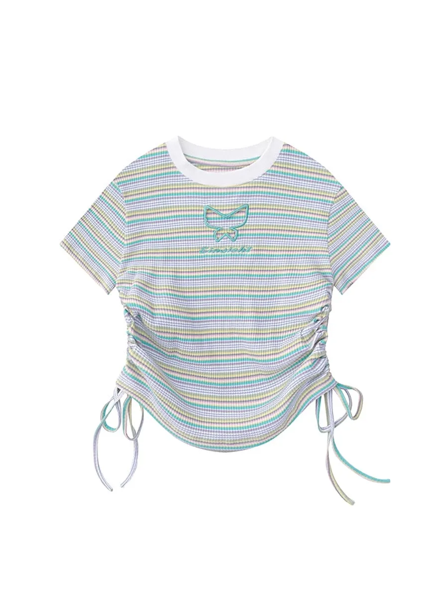 New Hollow Butterfly Striped Short Sleeve Tops