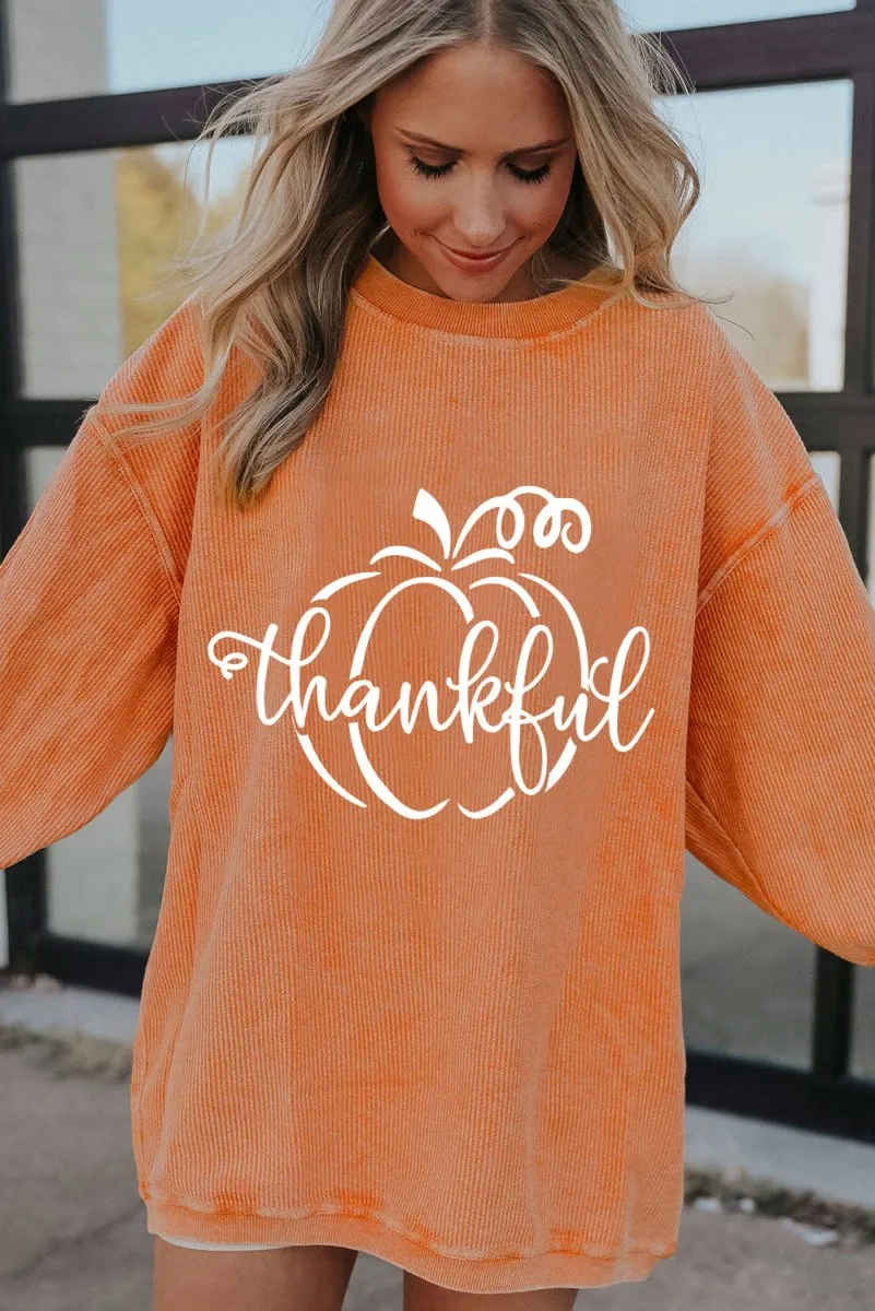 Orange Pumpkin "Thankful" Corduroy Graphic Sweatshirt