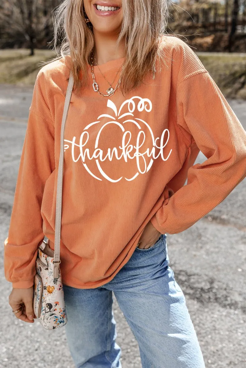 Orange Pumpkin "Thankful" Corduroy Graphic Sweatshirt