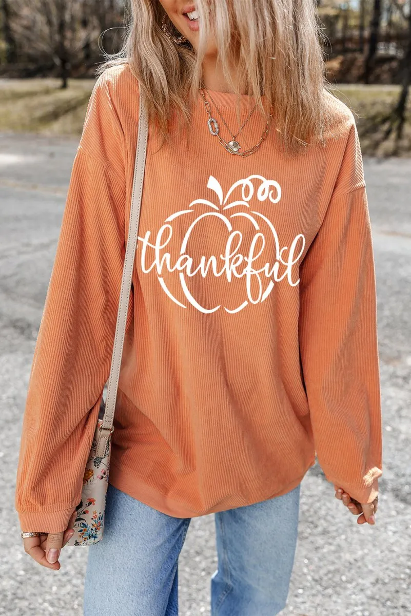 Orange Pumpkin "Thankful" Corduroy Graphic Sweatshirt