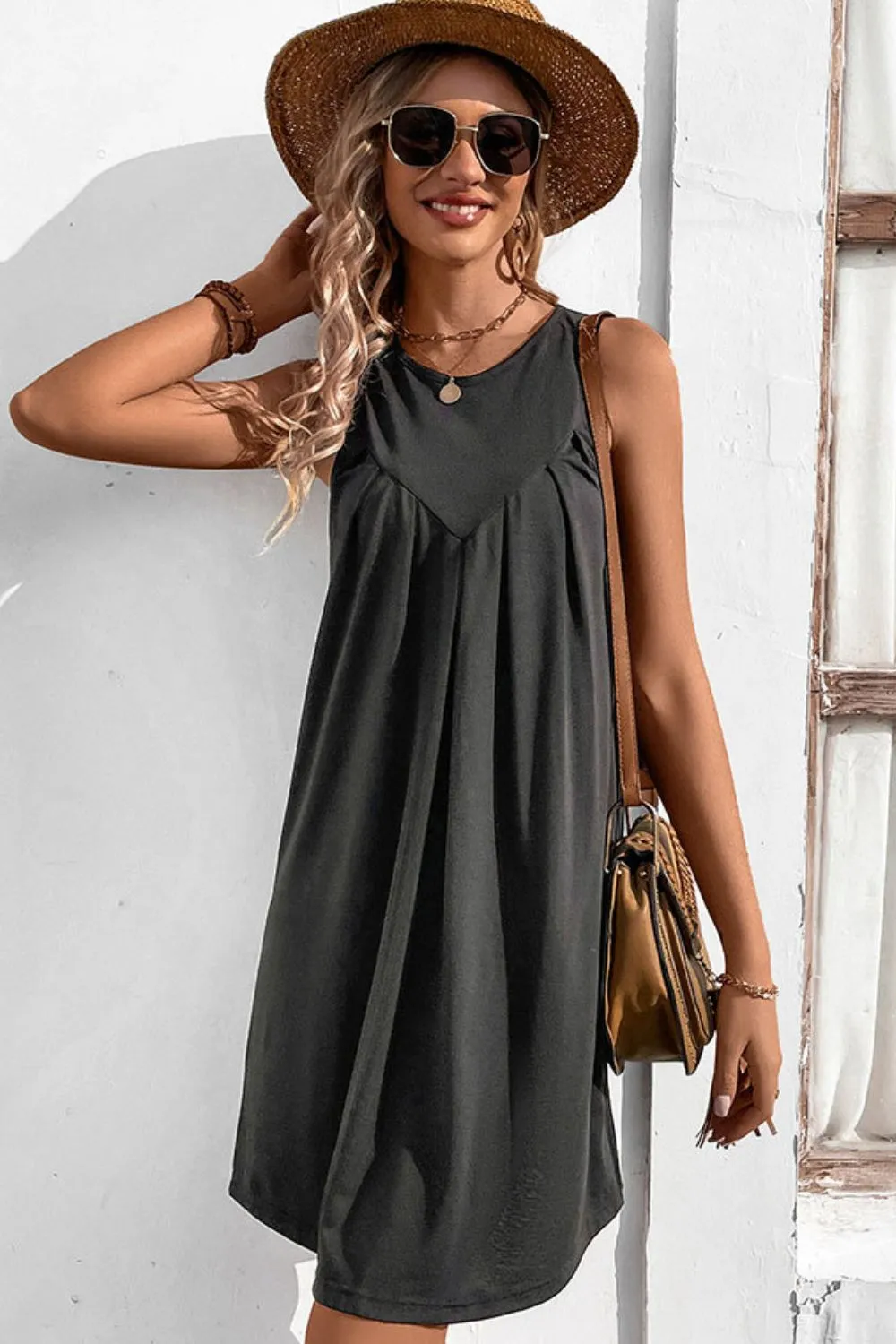 Perfee Round Neck Sleeveless Mini Dress