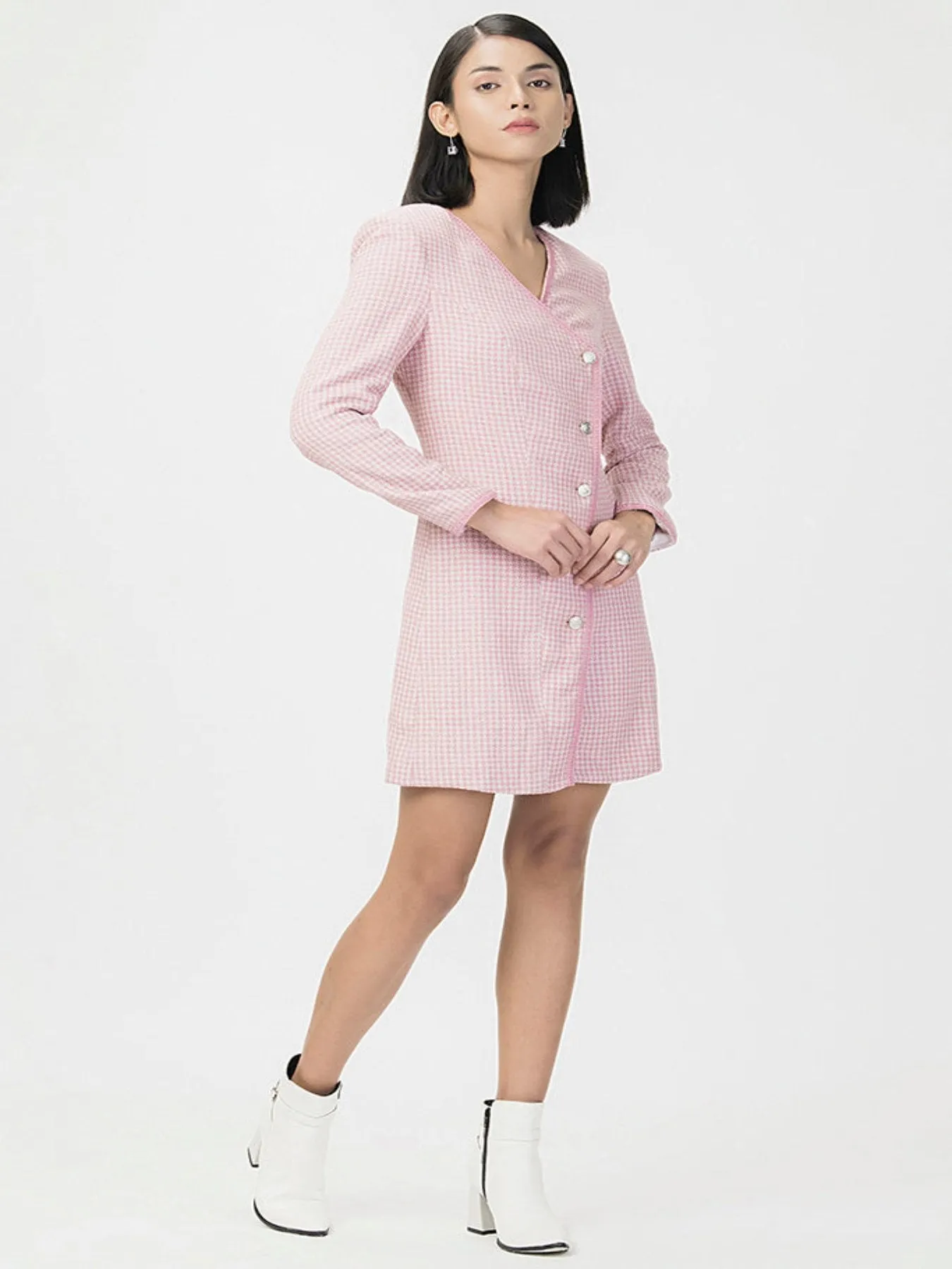 Plaid Winter Tweed Dress Pink