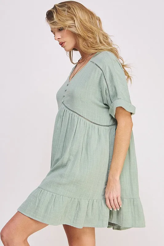 Plus Textured Woven Ladder Trim Button Babydoll Dress