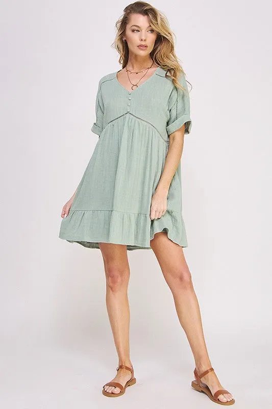 Plus Textured Woven Ladder Trim Button Babydoll Dress