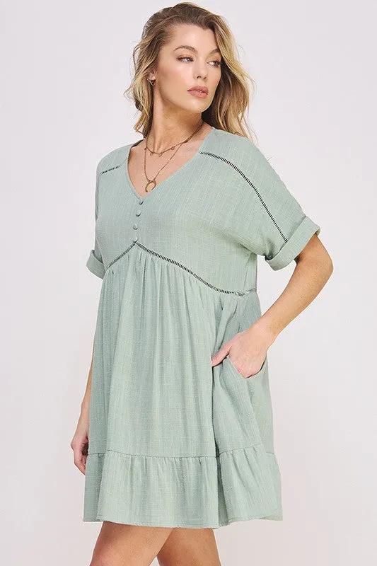 Plus Textured Woven Ladder Trim Button Babydoll Dress