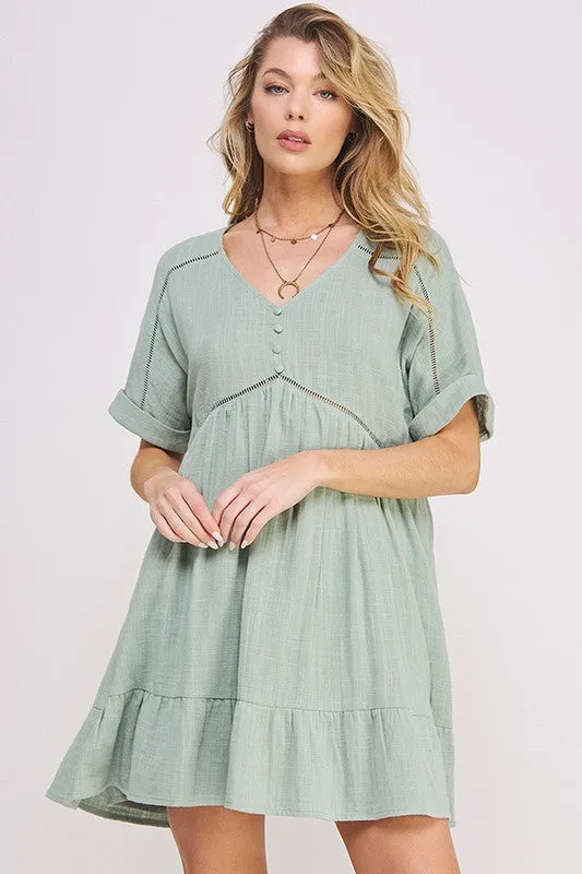 Plus Textured Woven Ladder Trim Button Babydoll Dress