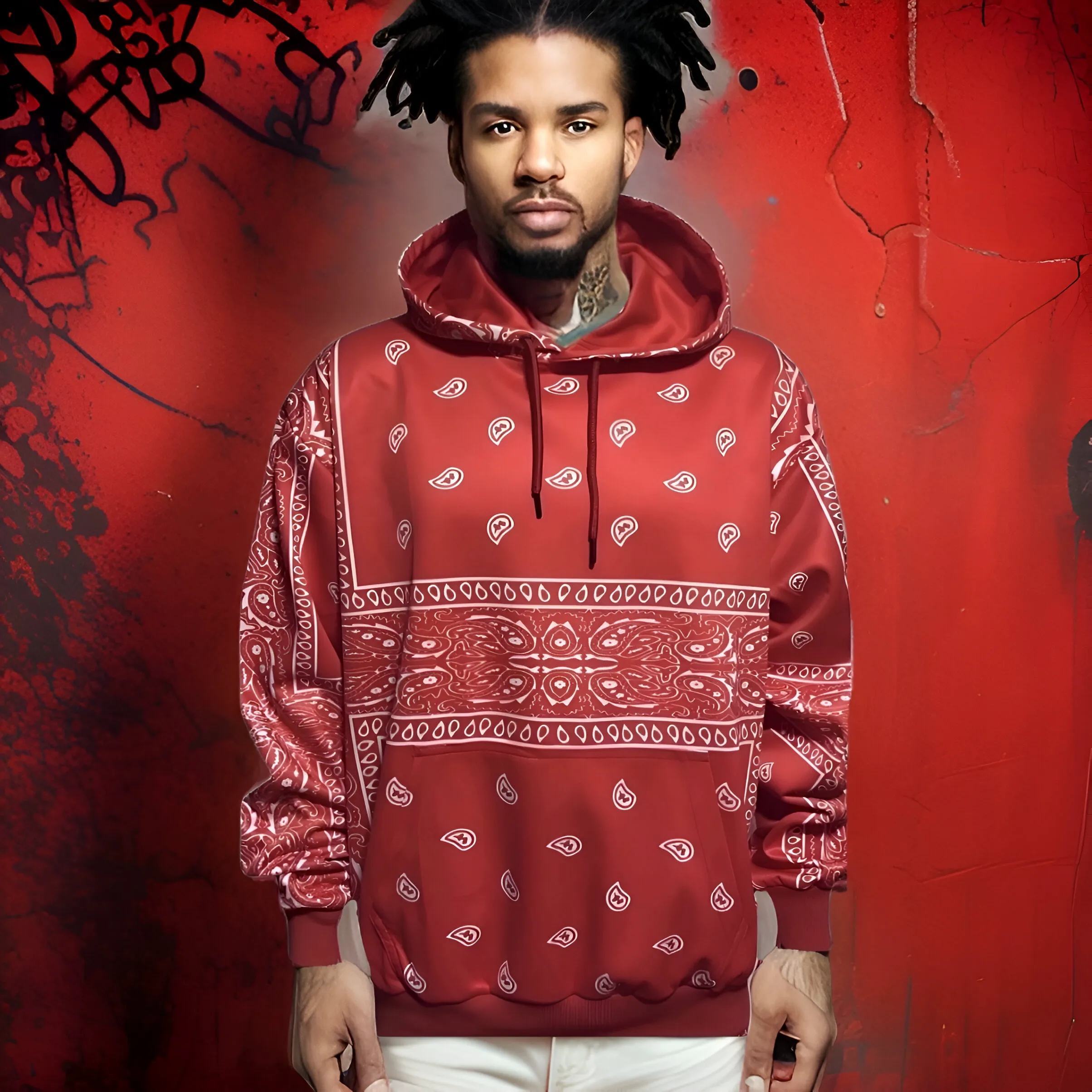 ^RED BANDANA^ PULLOVER HOODIES FOR MEN (CUSTOM FLEECE LINED)