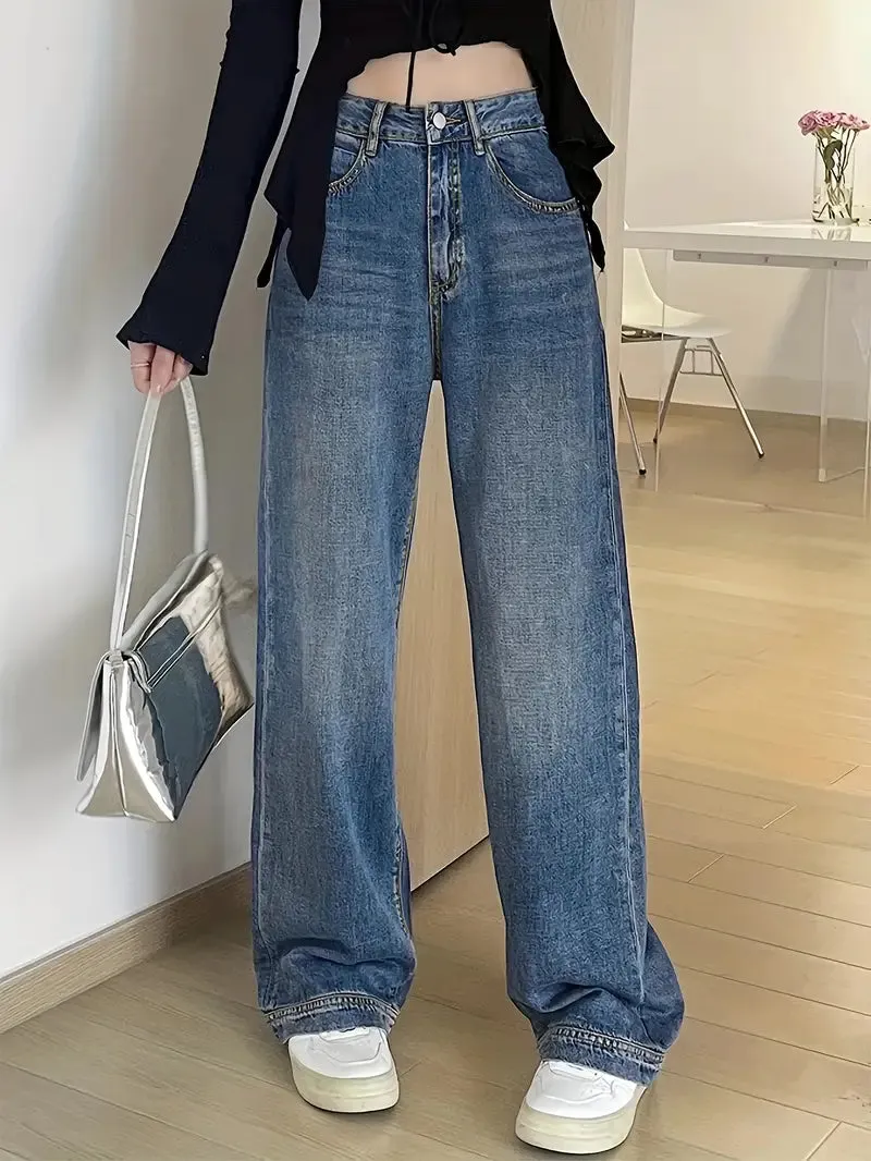 Retro Style Wide Legs Blue Loose Fit Baggy Jeans