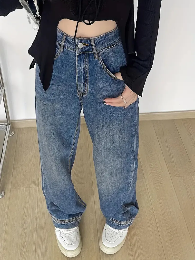 Retro Style Wide Legs Blue Loose Fit Baggy Jeans