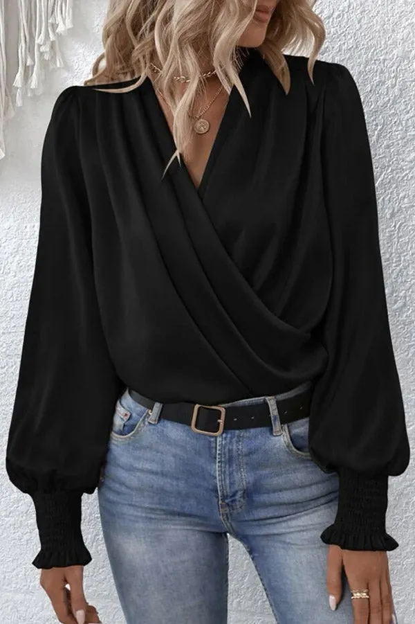 Satin Solid Color V-neck Lantern Sleeve Elegant Loose Shirt