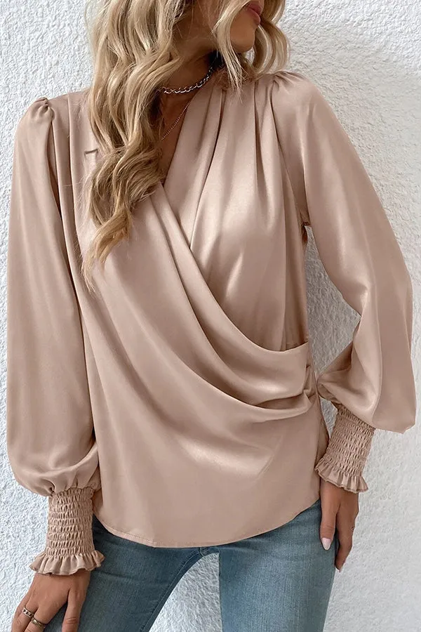 Satin Solid Color V-neck Lantern Sleeve Elegant Loose Shirt