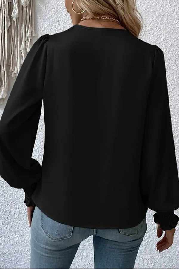 Satin Solid Color V-neck Lantern Sleeve Elegant Loose Shirt