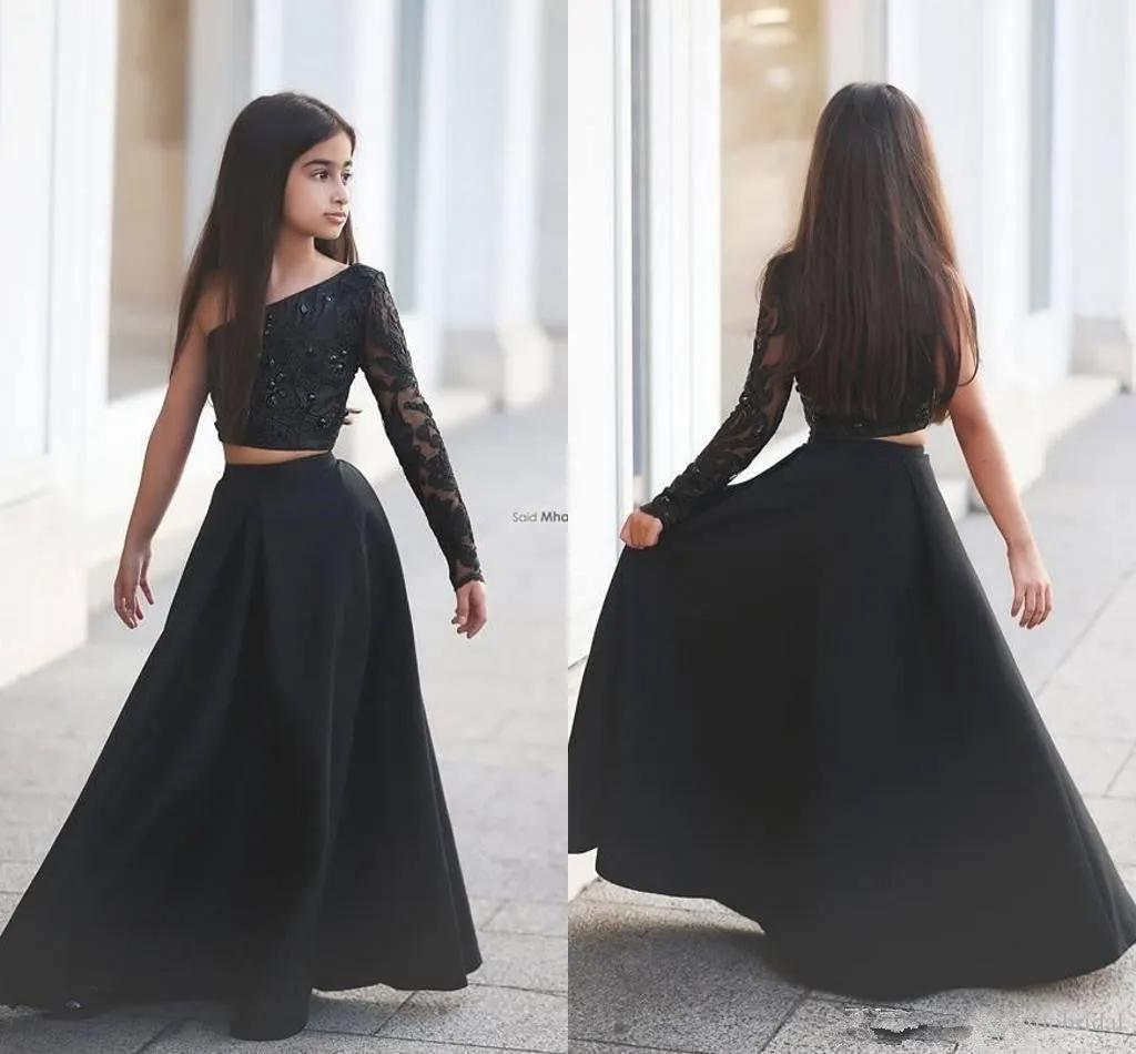 Sexy Black Two Piece Lace Flower Girl Dress Black One Sleeve A-line