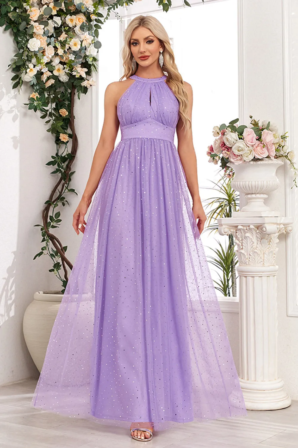 Sparkly Purple A Line Halter Sequins Tulle Pleated Maxi Dress