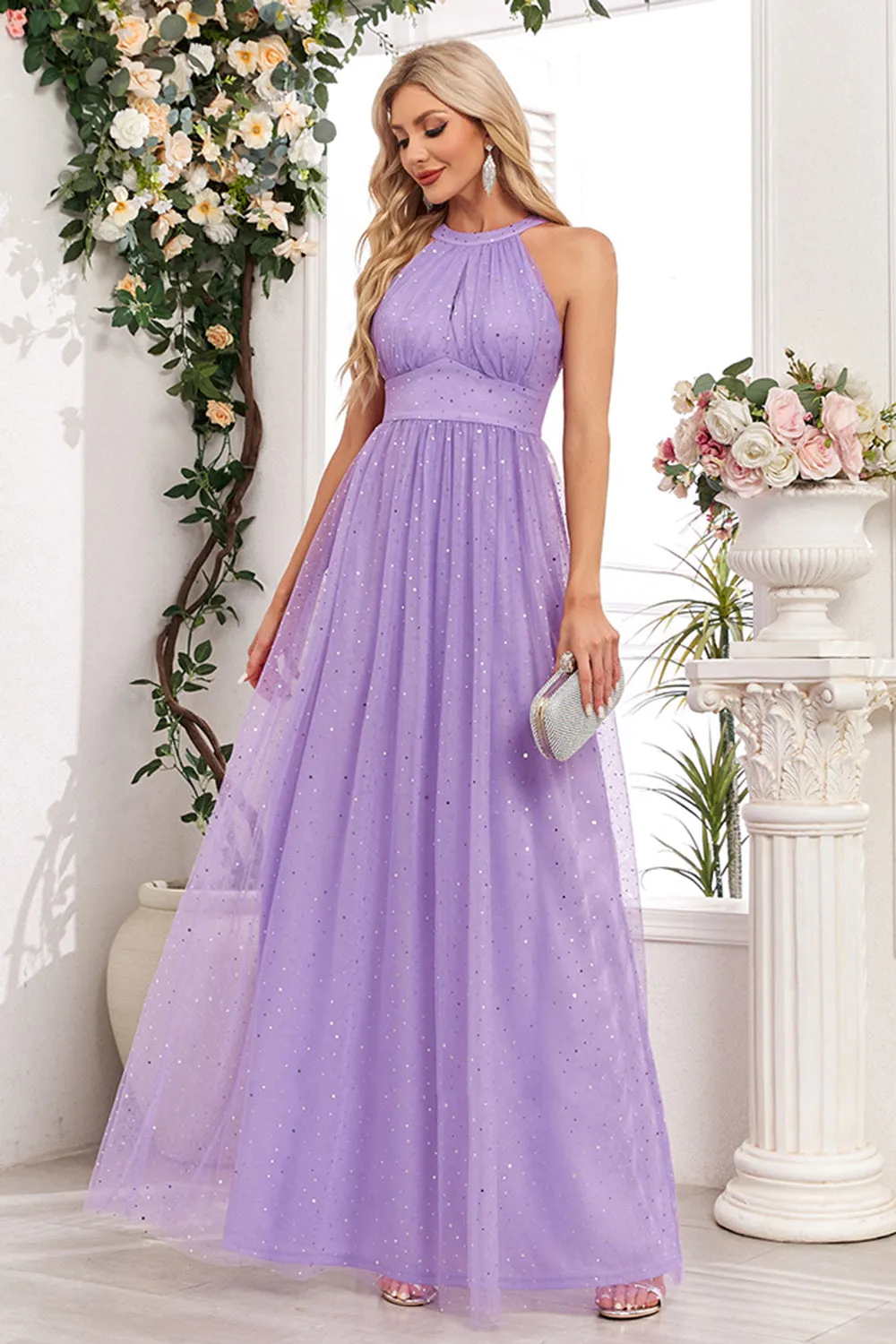 Sparkly Purple A Line Halter Sequins Tulle Pleated Maxi Dress