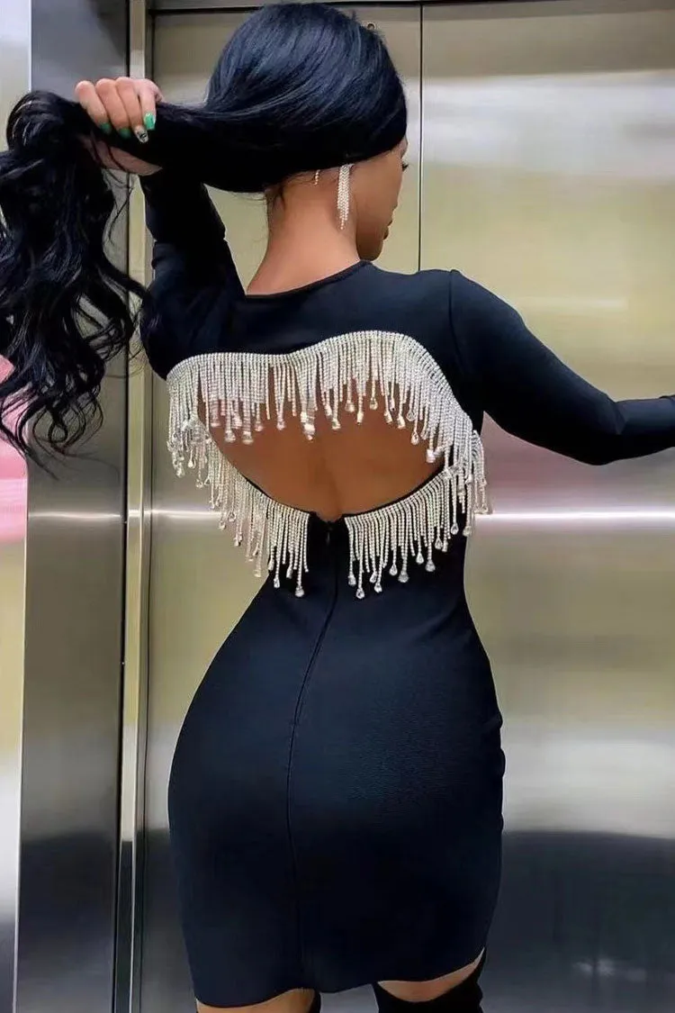 Sparkly Rhinestone Fringe Cutout Back Crew Neck Bodycon Party Mini Dress - Black