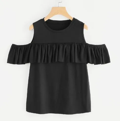 Sweet Ruffles Off Shoulder Solid Cotton Tees