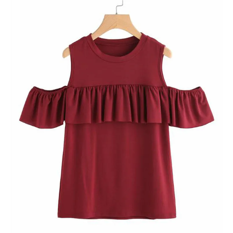 Sweet Ruffles Off Shoulder Solid Cotton Tees