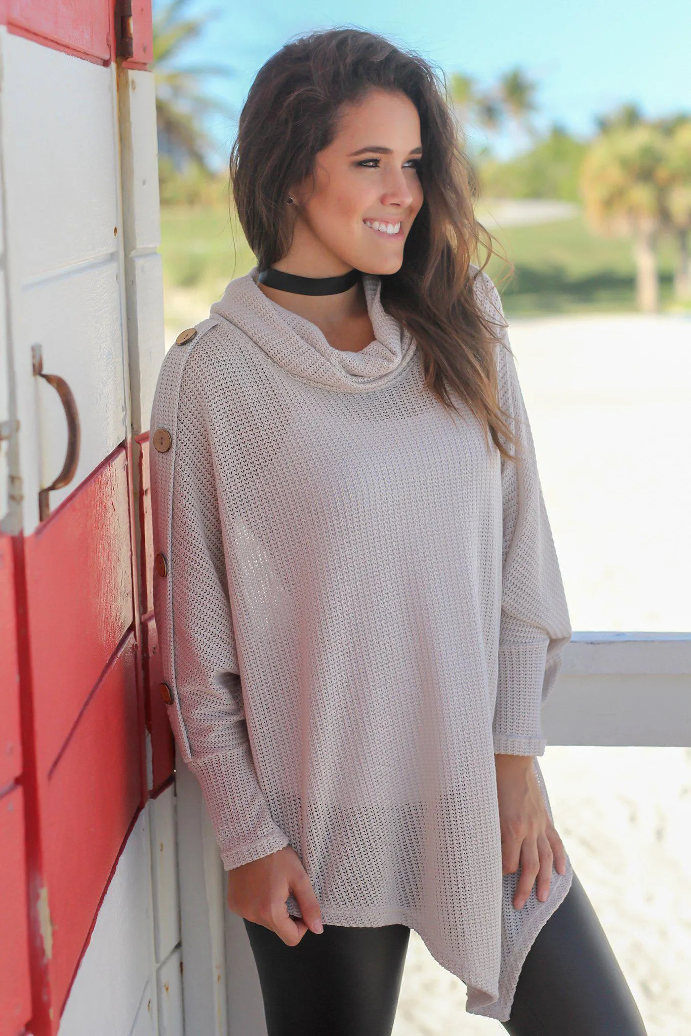 Taupe Poncho Sweater with Buttons