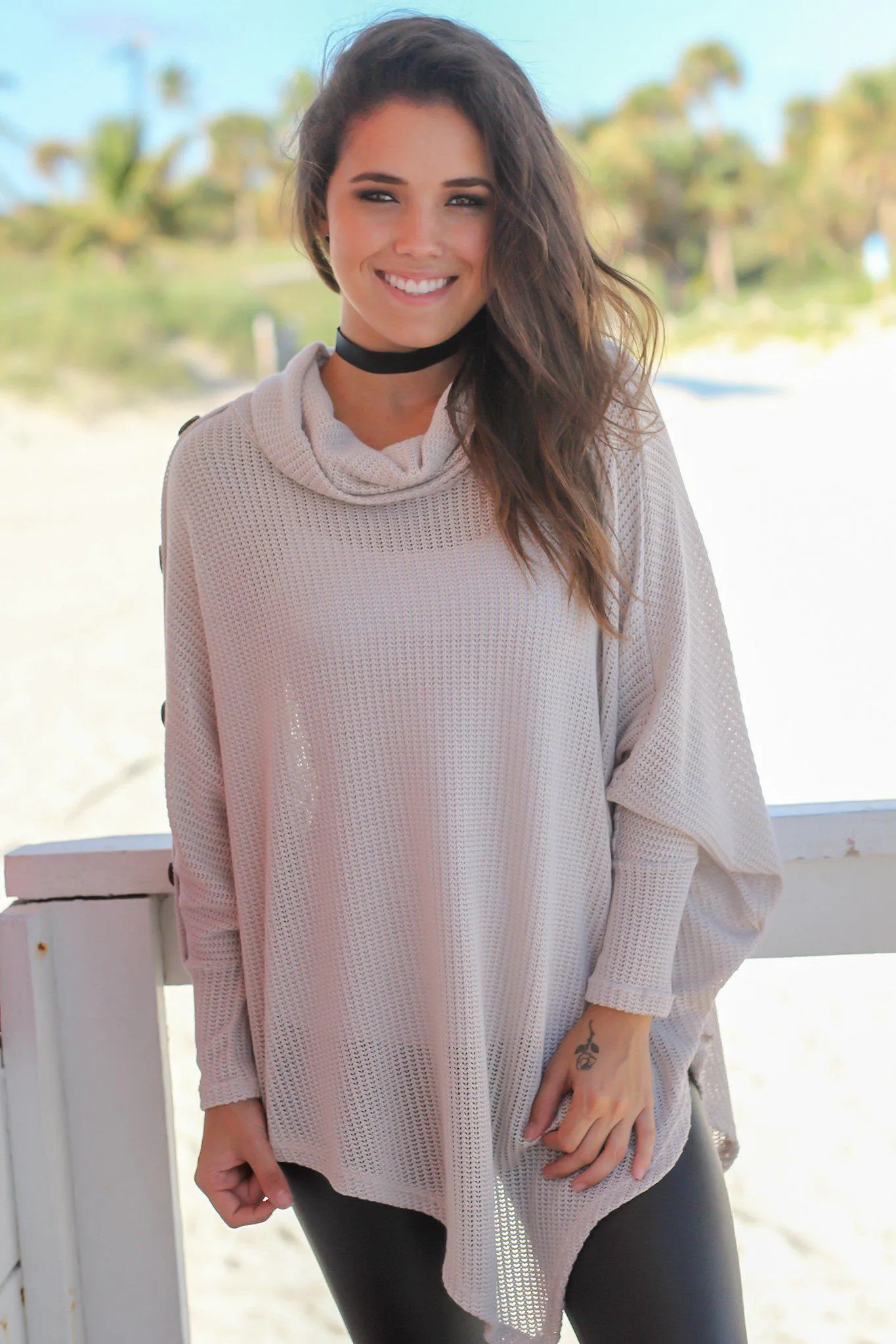 Taupe Poncho Sweater with Buttons