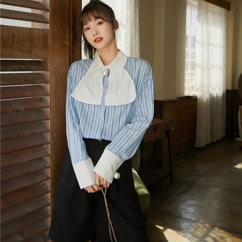 Tie pearl bow tie striped shirt female design niche retro vertical striped top