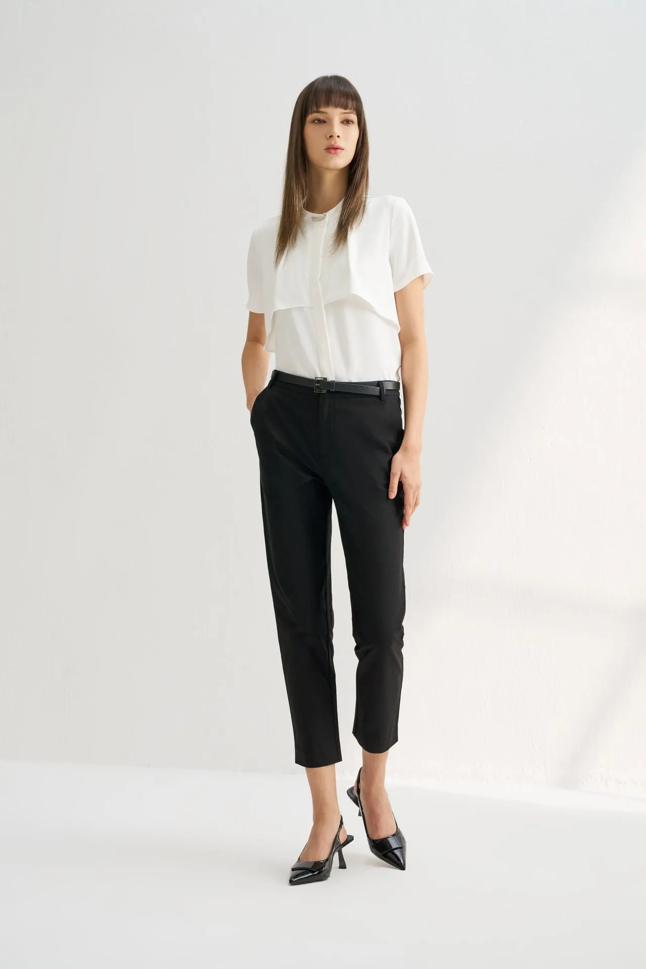 Twill Cotton Cigarette Pants with Faux Leather Belt