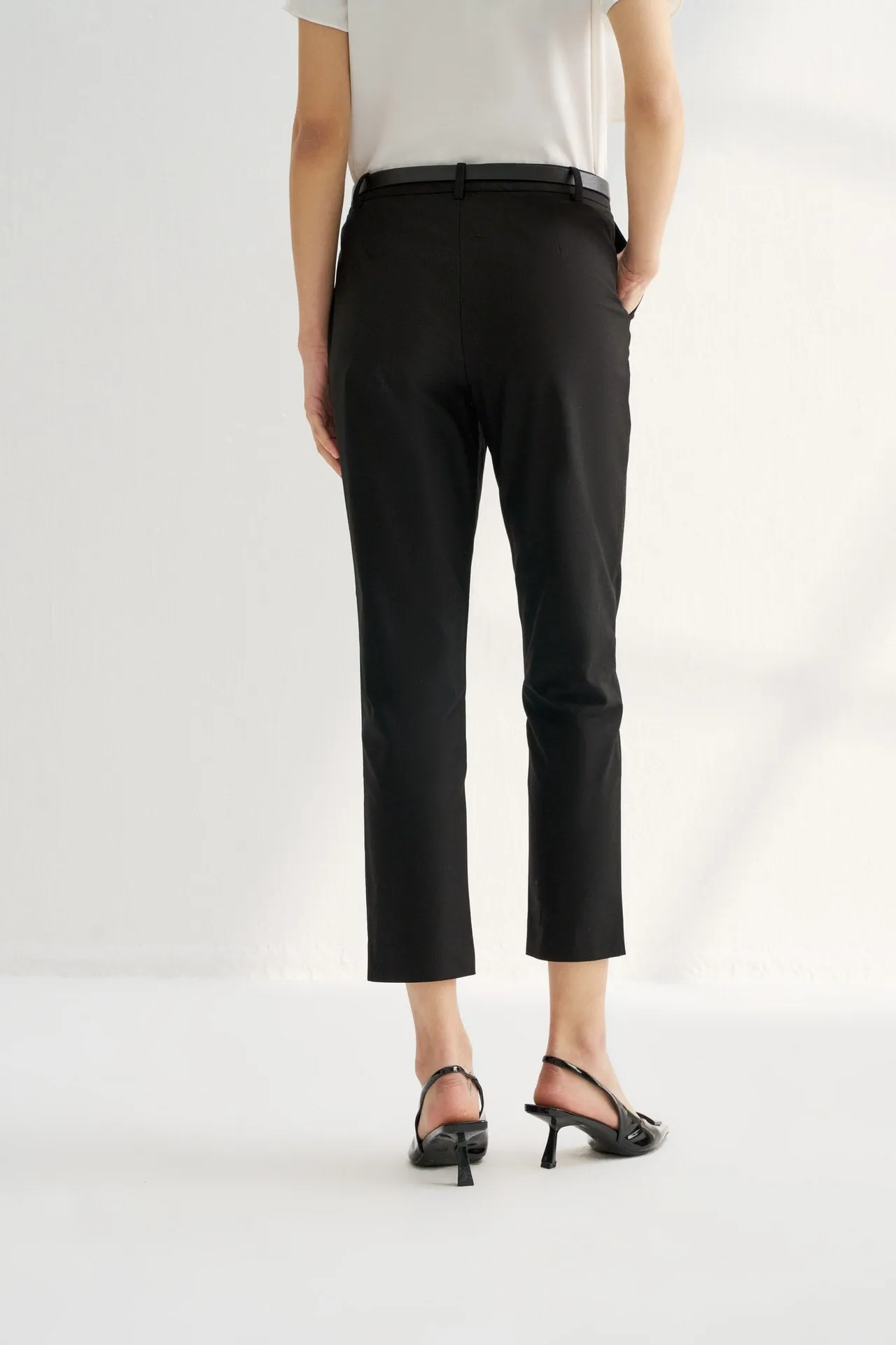 Twill Cotton Cigarette Pants with Faux Leather Belt