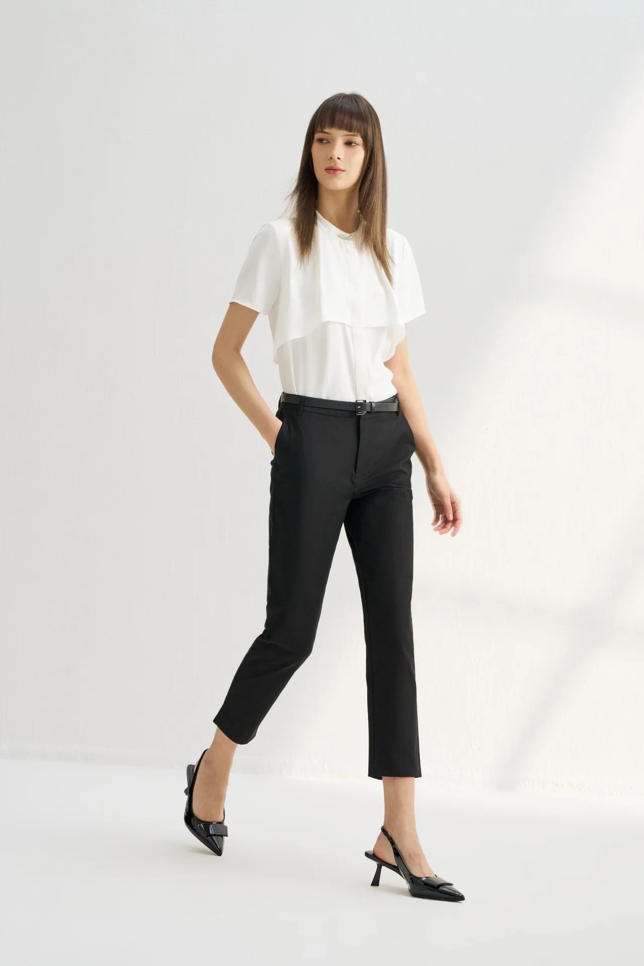 Twill Cotton Cigarette Pants with Faux Leather Belt