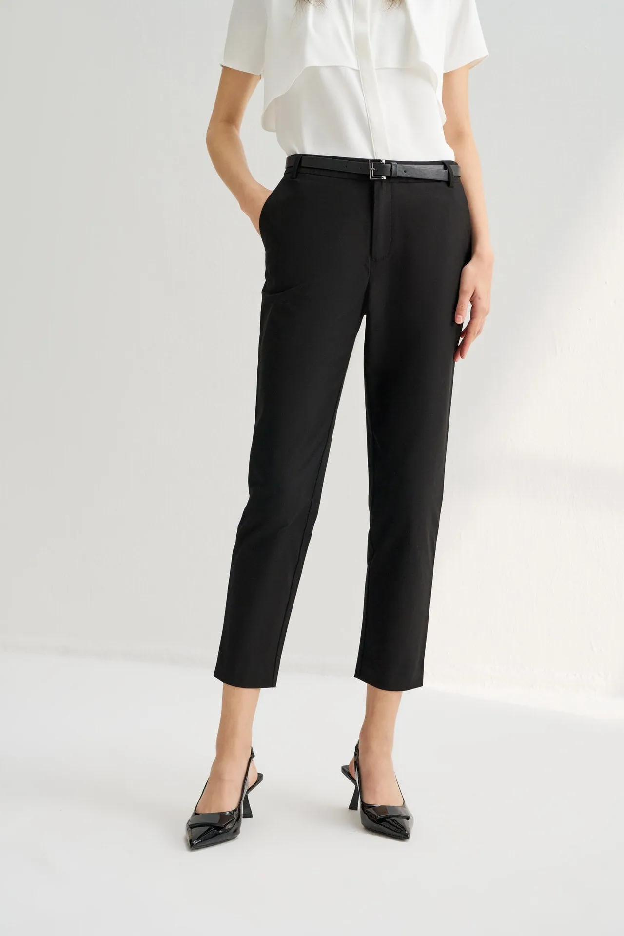 Twill Cotton Cigarette Pants with Faux Leather Belt