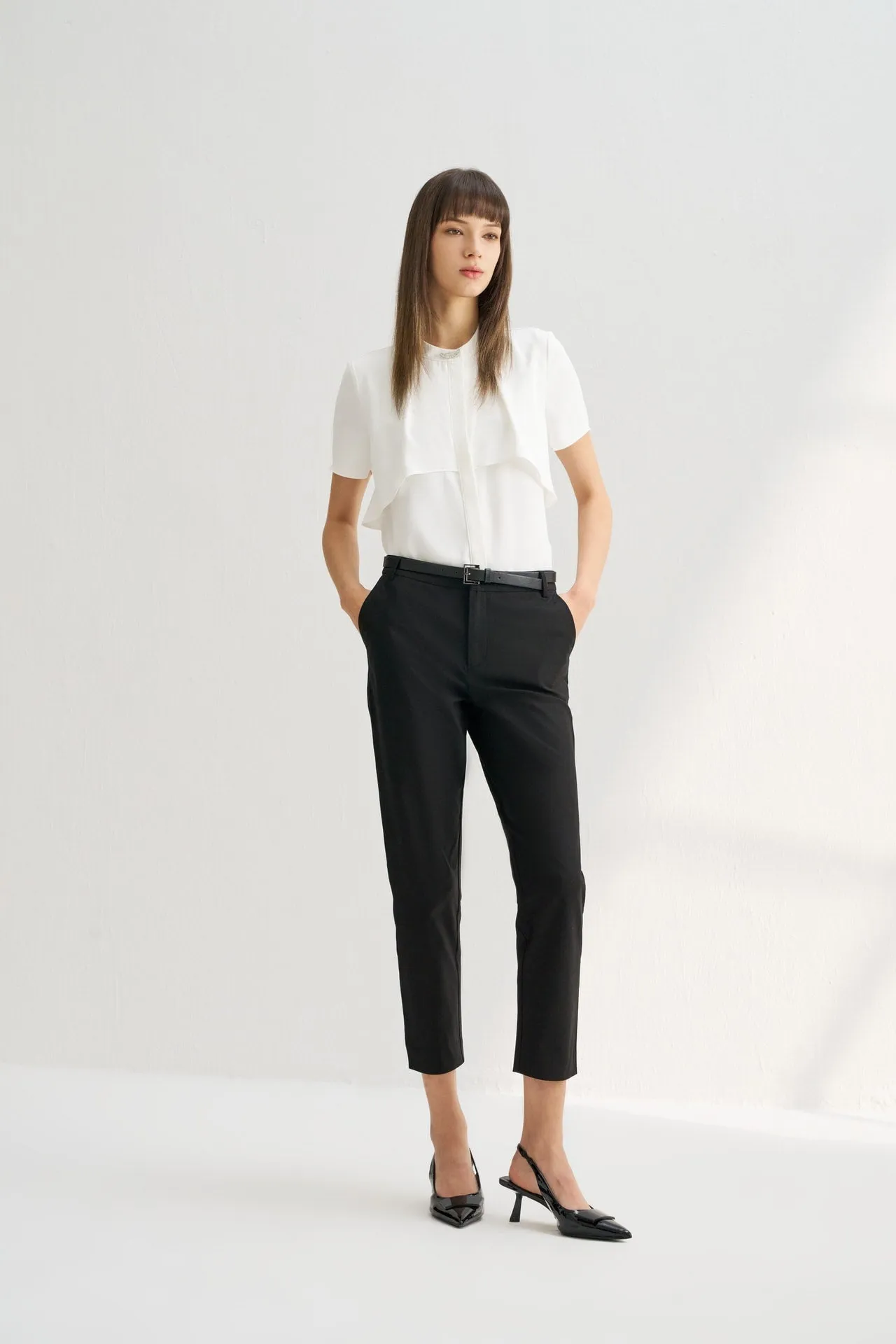 Twill Cotton Cigarette Pants with Faux Leather Belt