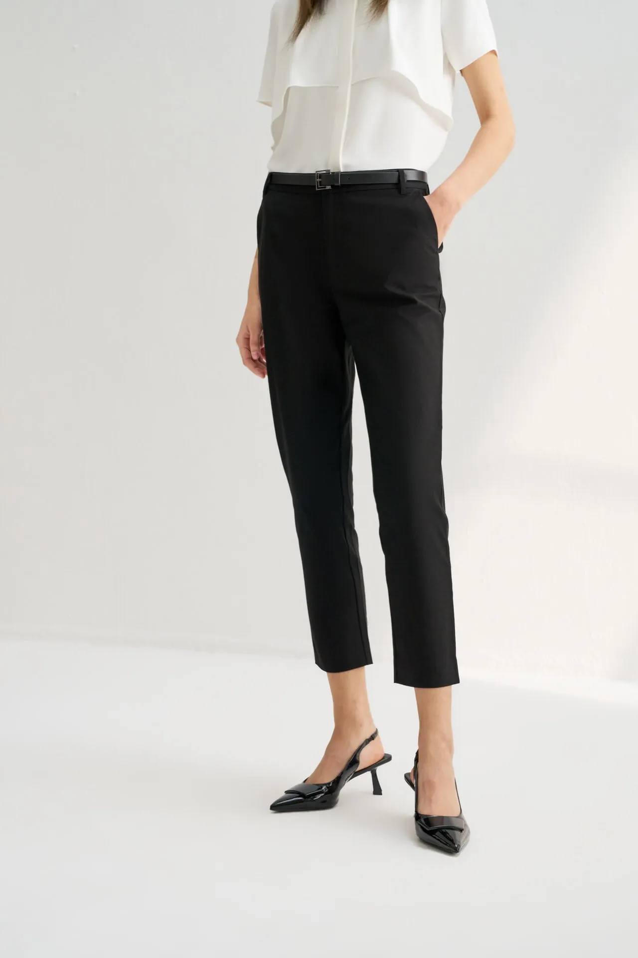 Twill Cotton Cigarette Pants with Faux Leather Belt