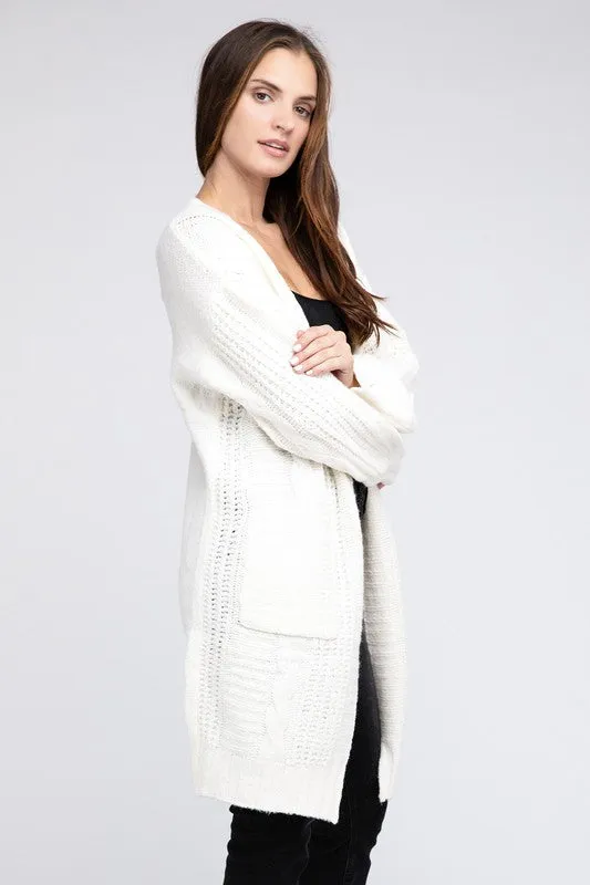 Twist Knitted Open Front Cardigan With Pockets