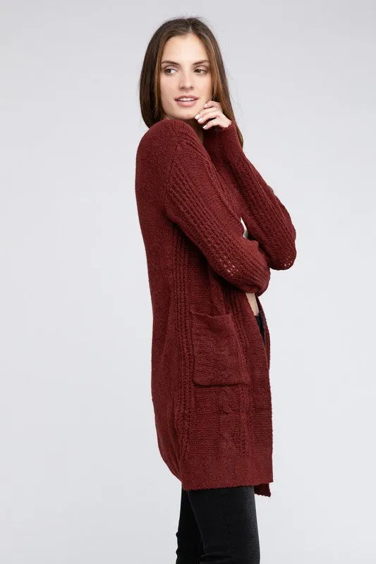 Twist Knitted Open Front Cardigan With Pockets