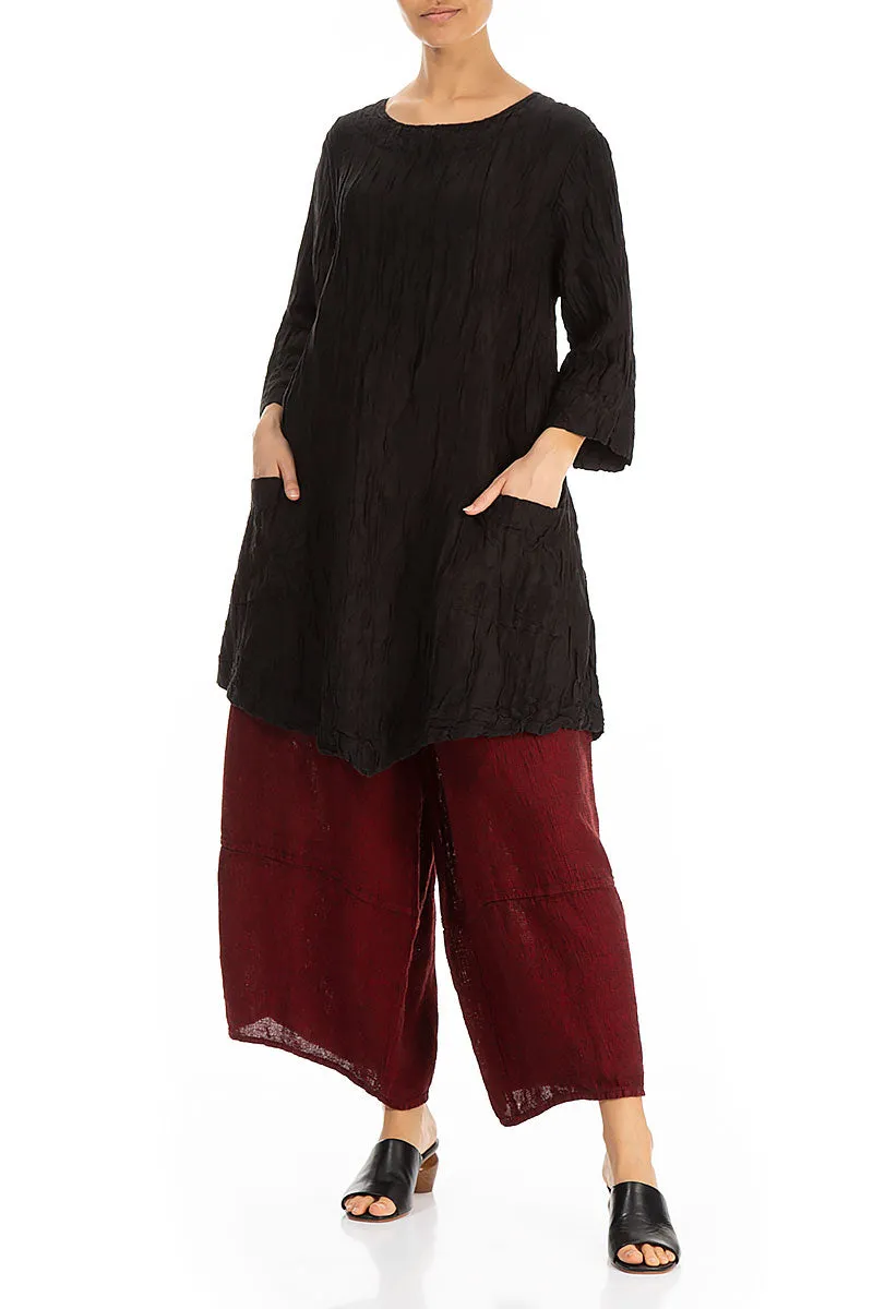 Two Pockets Crinkled Black Silk Linen Tunic