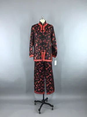 Vintage 1980s Black & Red Satin Brocade Asian Pajamas Set