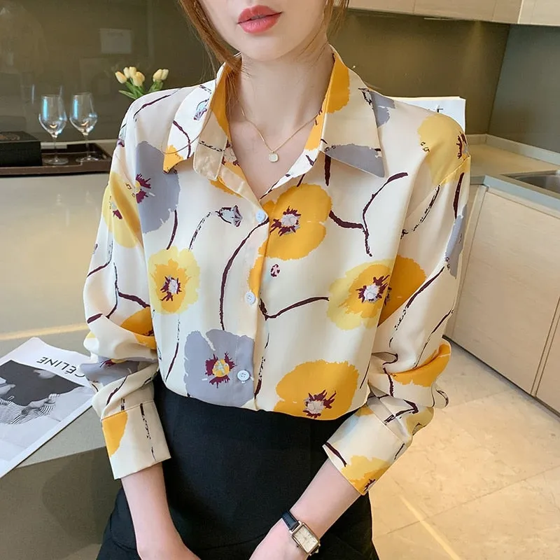 Women Elegant Fashion  Floral Printed Button Up Long Sleeve Shirt