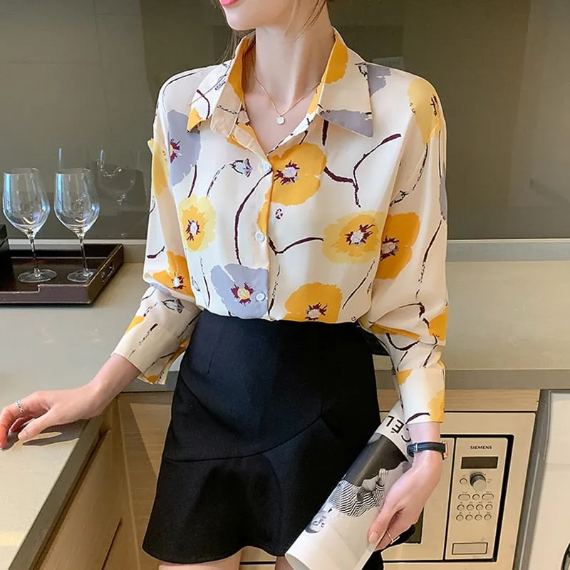 Women Elegant Fashion  Floral Printed Button Up Long Sleeve Shirt