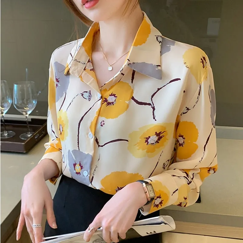 Women Elegant Fashion  Floral Printed Button Up Long Sleeve Shirt