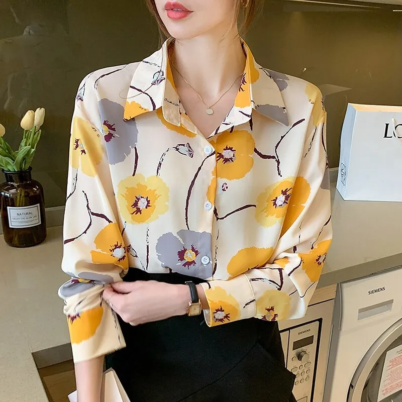 Women Elegant Fashion  Floral Printed Button Up Long Sleeve Shirt